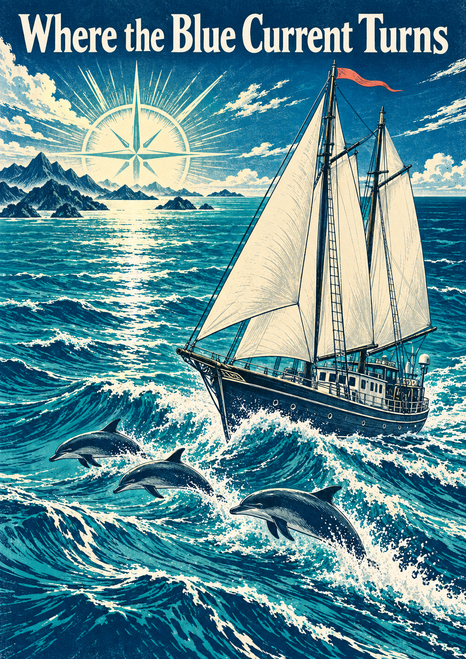 Cream-sailed schooner and three leaping dolphins amid teal waves, with distant islands and a bright compass-like sunburst.