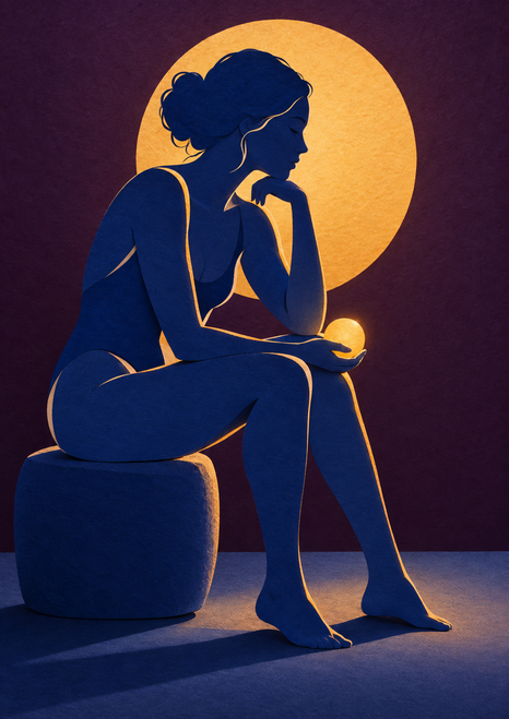 Seated cobalt-clad figure holding a small amber sphere beneath a large amber disk against dark plum.