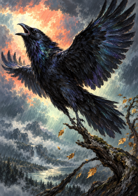 A large raven with spread wings and open beak launches from a gnarled branch against storm clouds and a distant lake.