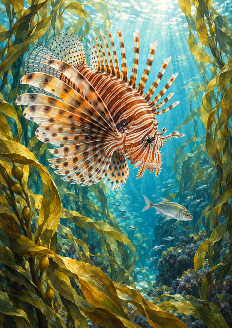 Orange-and-cream striped lionfish with spotted fan fins swimming among kelp above a small silver fish in sunlit blue-green water.