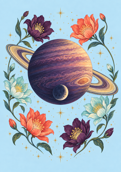 Purple-and-coral ringed planet with a small round moon, six coral and aqua flowers, curling green foliage, and golden stars on light blue.