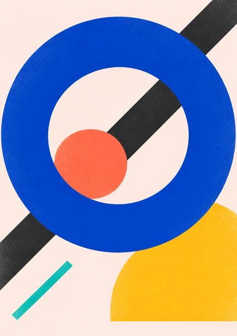 Cobalt ring overlapping a coral disk, crossed by a charcoal diagonal bar with a golden semicircle and turquoise line on pale blush.