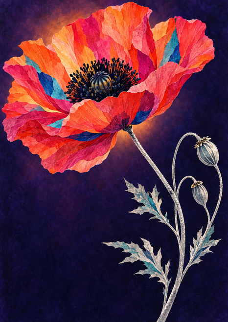 Large multicolored open poppy with a dark center, two seedpods, pale branching leaves, and a deep violet background.