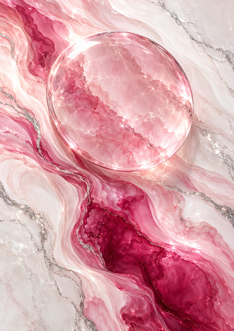 Abstract rose-pink circular form amid flowing blush, white, and raspberry marbling with fine gray veins.