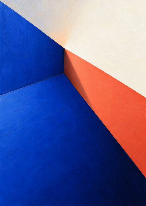 Abstract ultramarine, coral, and warm-white planes meet at a sharp corner and diagonal seam.
