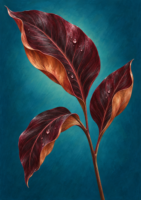 Three burgundy leaves with copper undersides and water droplets on a saturated blue-green background.