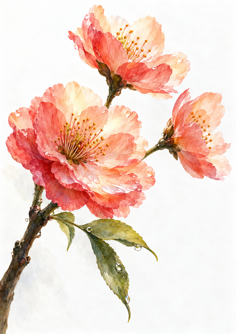Three pink-coral blossoms with golden-orange stamens on a curved branch with olive leaves and water droplets, set against a pale background.