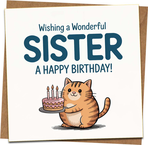 Funny Sister Birthday Card - Cute Cat with Cake Square Greeting, 145mm x 145mm, Includes Kraft Envelope - For Sister, Women, Girls