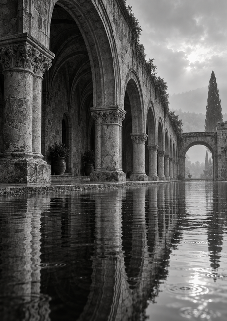 Monochrome stone arches and carved columns reflected in a pool, with a distant cypress beneath an overcast sky.