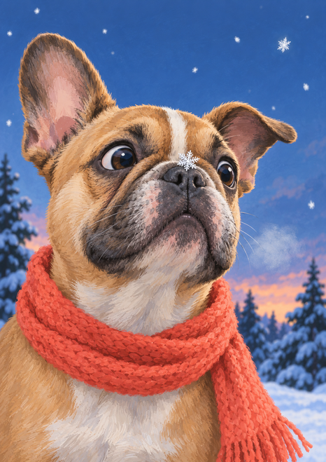 Fawn-and-white French bulldog in a coral knitted scarf looking upward as a snowflake rests on its nose, with falling snow and evergreens.
