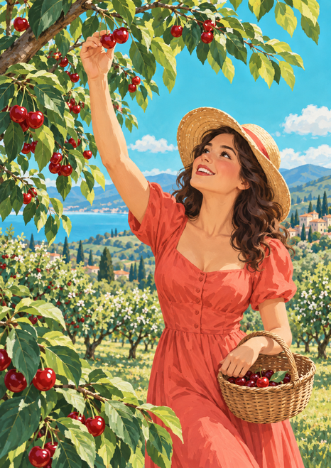 A woman in a coral dress and straw hat reaches toward cherries in an orchard while holding a basket, with hills and water in the distance.
