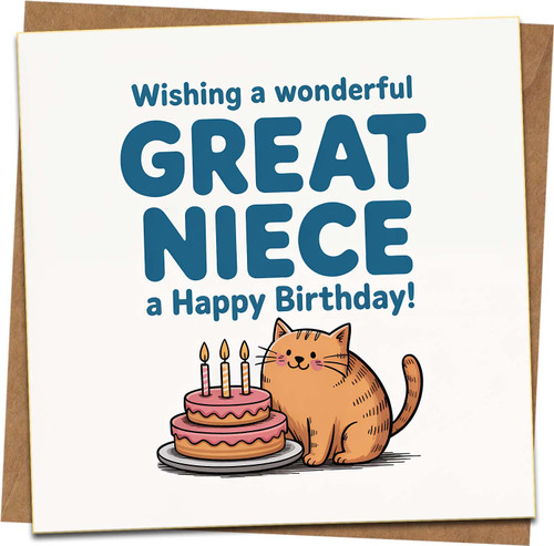 Great Niece Birthday Card - Wishing a Wonderful Great Niece a Happy Birthday - Cute Cat and Cake Design - 145mm x 145mm Square Greeting Card with Kraft Envelope