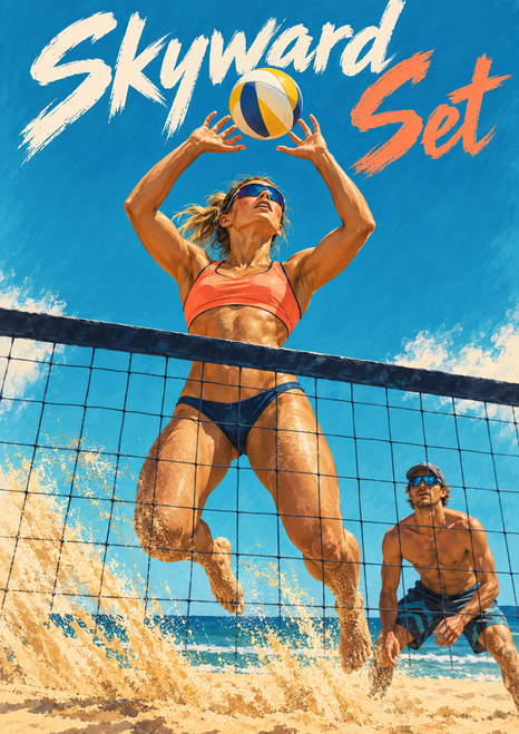 Beach volleyball player jumps beneath a ball as sand flies, with a net and second player behind.