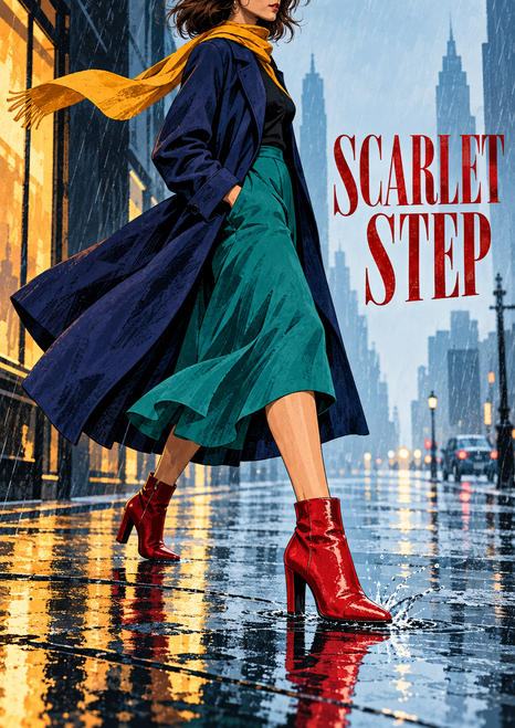Fashion illustration of a cropped woman in an indigo coat and teal skirt striding in red ankle boots through a rainy city street; one boot splashes in a puddle beside large red SCARLET STEP lettering.