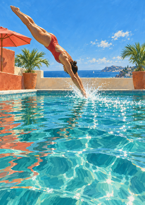 Red-suited swimmer dives into a turquoise pool beside palms, a coral parasol, and stucco walls.
