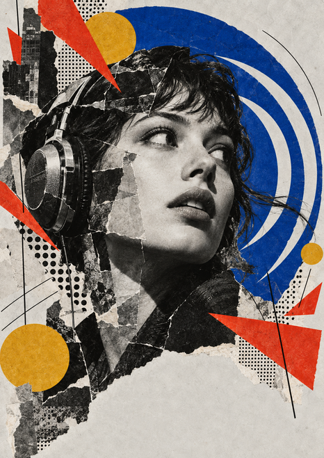 Monochrome portrait in over-ear headphones surrounded by blue arcs and red and mustard collage shapes.