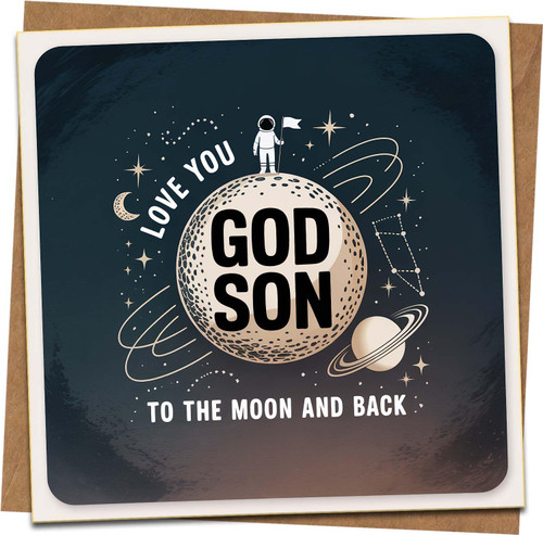 Godson Card - Love You to the Moon and Back | Space Astronaut Design Greeting Card, 145mm x 145mm Square, Blank Inside, Includes Kraft Envelope
