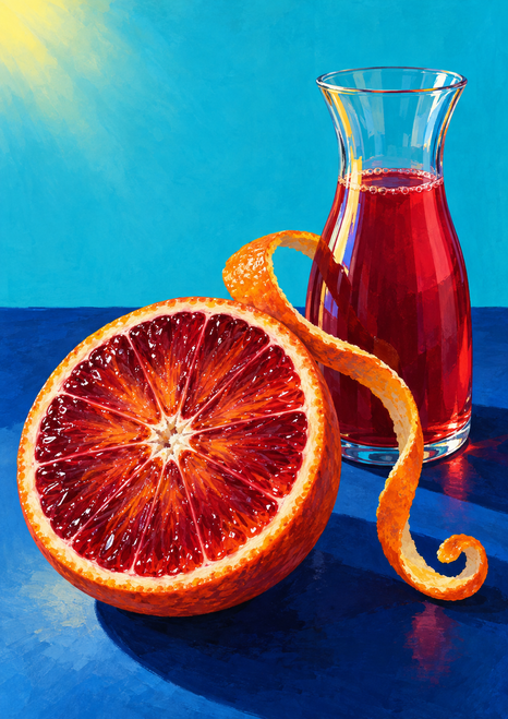 Cut blood orange and curled peel beside a clear carafe of ruby-red liquid on a blue tabletop against turquoise.