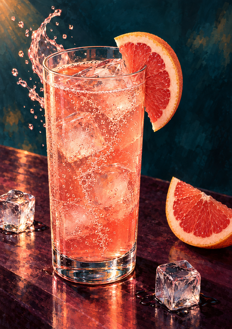 Illustrated pink grapefruit soda in a tall glass with ice and bubbles, grapefruit at the rim, a loose wedge and ice cubes, and a splash against a deep teal background.