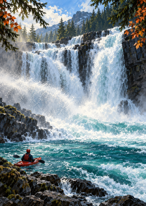 Tiered waterfall pouring into turquoise water above a small red kayak, with dark rocks, evergreen boughs, and copper leaves.