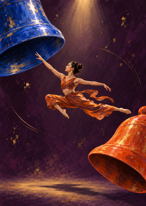 Leaping dancer reaches toward a large cropped blue bell-like form, with an orange-red form at lower right against plum and gold accents.