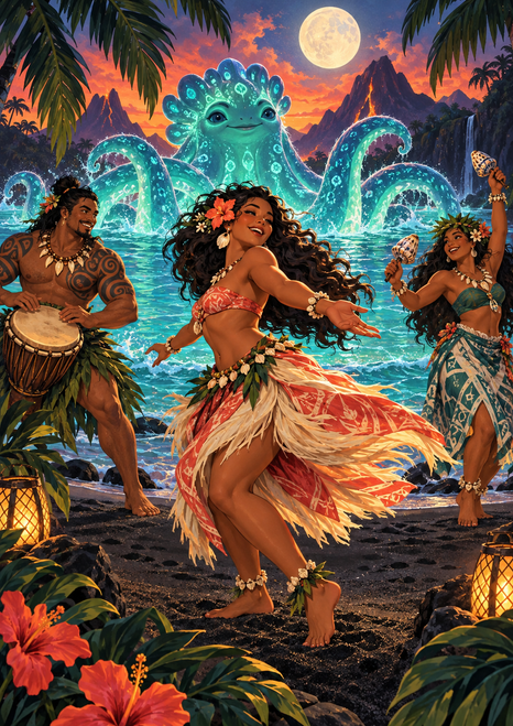Three dancers celebrate on a black-sand shore beside a smiling, glowing tentacled sea spirit, with palms, lanterns, a volcano, and a full moon.