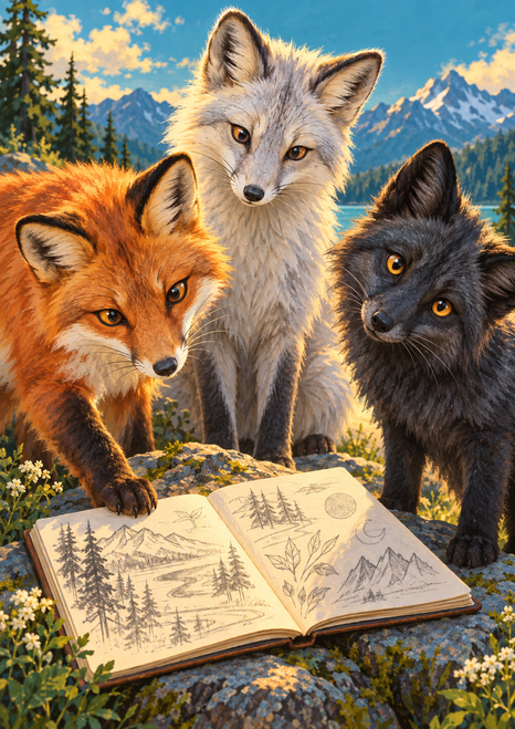 Three russet, pale silver, and charcoal foxes peer around an open notebook of nature sketches in a sunlit meadow with distant mountains.