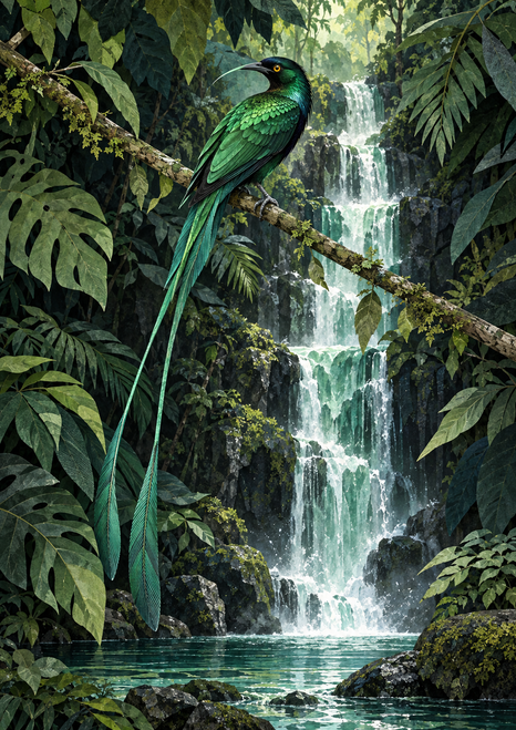 Long-tailed green bird perched on a diagonal branch beside a waterfall, framed by dense jungle foliage and a pool.
