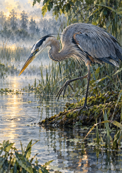 Blue-gray great blue heron on a moss-covered log above shallow water, with reeds, a ripple, and misty morning light.