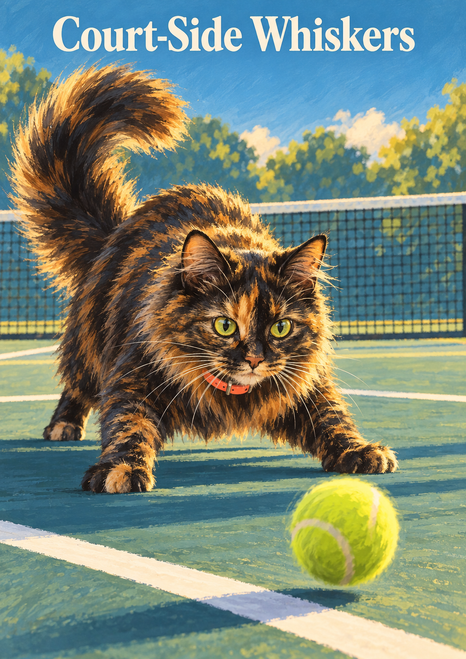 Long-haired tortoiseshell cat in a coral collar crouches toward a tennis ball on a court; “Court-Side Whiskers” appears above.