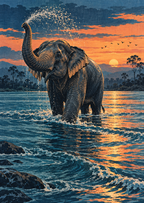 Elephant wading through an indigo river at dusk, raising its trunk as water sprays beneath a coral-orange sky.