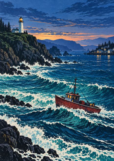 White lighthouse on a rocky cliff above foaming blue waves, with a red fishing boat and distant lit harbor village.