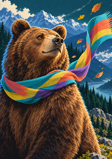 Chest-up brown bear lifting its muzzle with a multicolored scarf streaming above an alpine lake and evergreen forest.