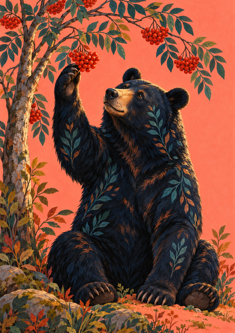 Upright dark bear with teal coat markings reaching toward red berries beneath leafy branches on a coral-pink background.