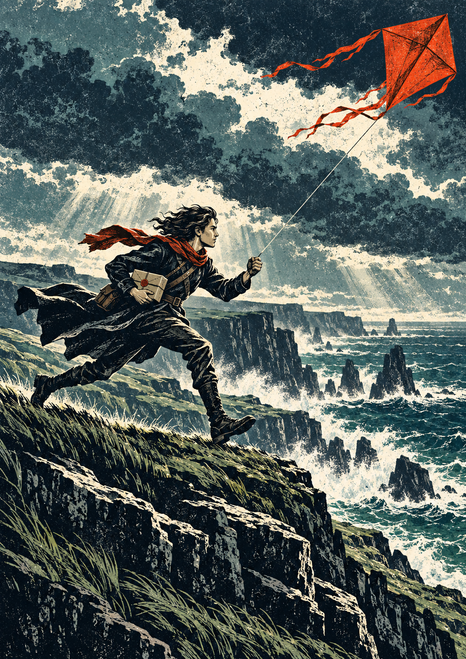 A dark-haired courier runs along a coastal ridge carrying a parcel and flying a red-orange kite above the stormy sea.