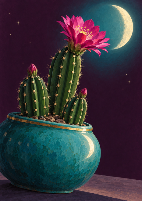Three ribbed green cactus stems, one bearing a magenta flower and two buds, grow from a turquoise pot beneath a crescent moon in a plum sky.