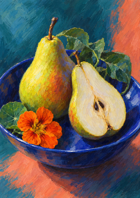 Two yellow-green pears, one cut open, in a deep blue bowl with green leaves and an orange flower against a teal and coral background.
