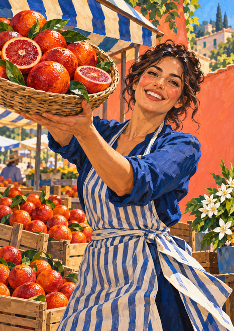 Smiling vendor in a blue-and-white striped outfit presents blood oranges in a basket at a colorful market.