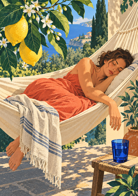 Adult woman asleep in a diagonal hammock beneath a flowering lemon branch, with a blue glass on a small table.