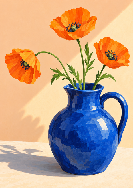 Three orange poppies with green stems in a cobalt-blue pitcher, lit by a diagonal wedge of afternoon sun.