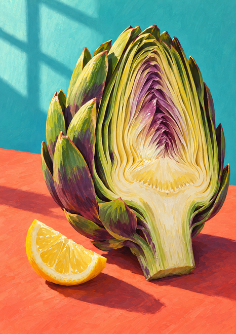 Lengthwise-cut artichoke with green and violet bracts beside a lemon wedge on a coral tabletop, against a turquoise wall.