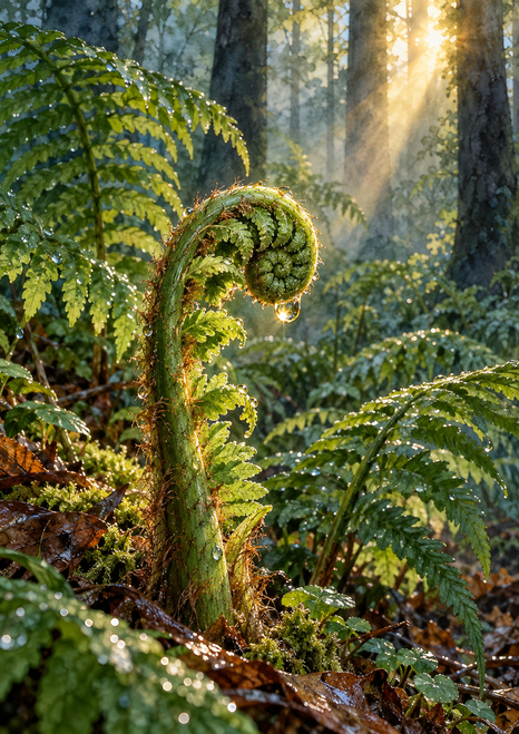 Unfurling fiddlehead fern with a bright droplet at its curled tip, surrounded by wet fronds, moss, leaves, and amber woodland light.
