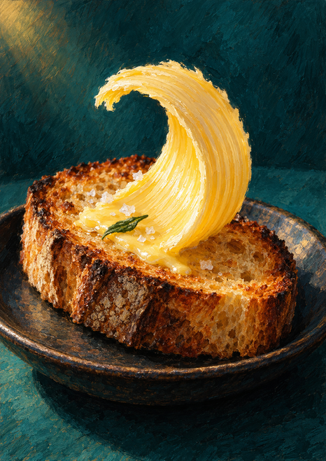 A tall golden curl of butter sits on toasted sourdough on a dark plate, with salt crystals and a small green leaf against teal.