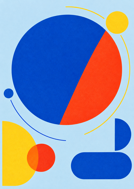 Abstract geometric poster with a large cobalt-and-vermilion divided circle, yellow and blue shapes, and thin arcs on pale blue.