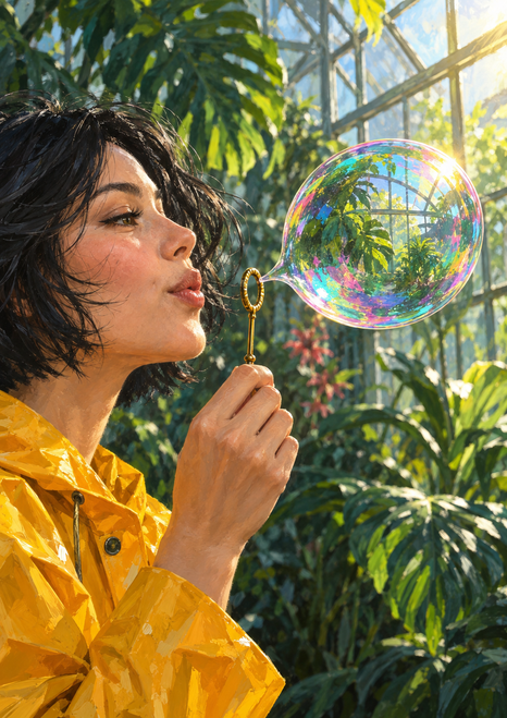 Profile of a woman in a yellow raincoat blowing an iridescent bubble through a brass wand in a leafy greenhouse.