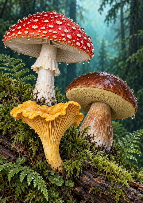 Red-and-white, golden, and chestnut mushrooms arranged on a mossy log against a softly lit green forest background.