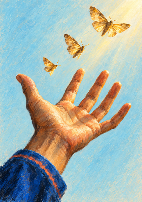 An open terracotta-toned hand in a blue sleeve reaches upward beneath three golden moths against a pale blue background.