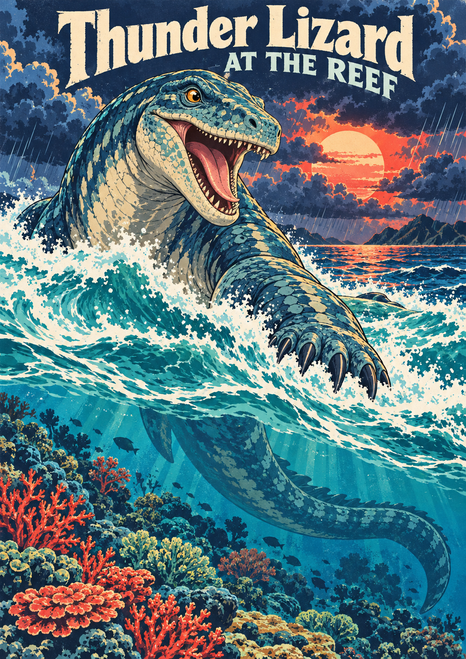 A large reptilian creature surges through turquoise waves above a coral reef, with a curving underwater tail, storm clouds and a red-orange sun; the title reads Thunder Lizard at the Reef.