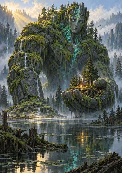 Moss-covered stone guardian with turquoise-lit features holding a small illuminated cottage above forest water in mist.