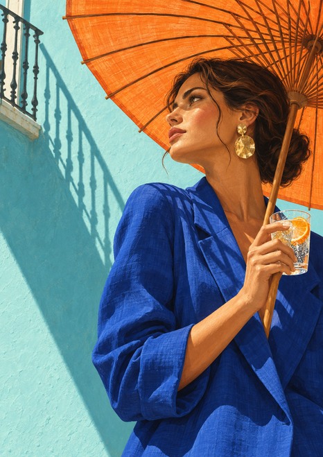 Adult woman in a cobalt jacket beneath an orange parasol, holding a glass with bubbles and an orange slice beside a turquoise wall.